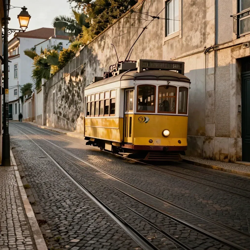 Lisbon tram climbs a cobbled bend past a stop in warm late-afternoon light.