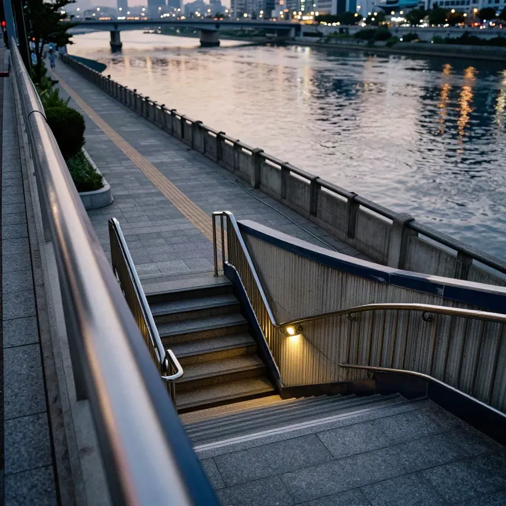 High-angle Seoul river walk with subway stairs, concrete embankment, and bridge reflections at dusk.