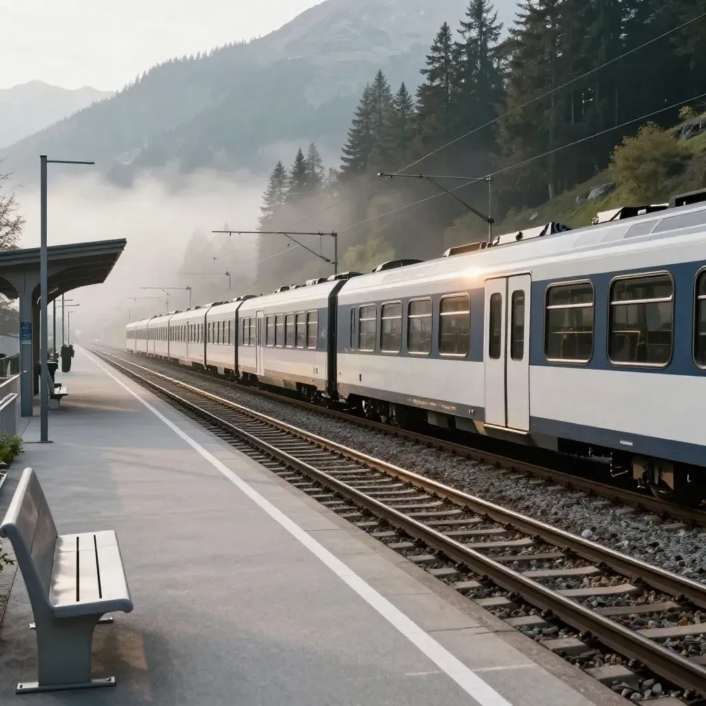Alpine station platform with a regional train closing its doors in moving mist.