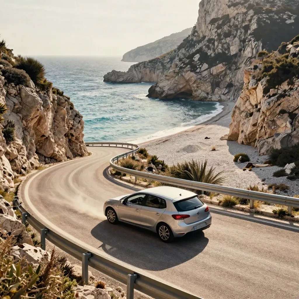 Italian cliff road hairpin with a small car above a bright sea cove