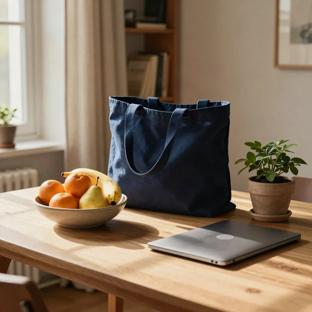 Compact apartment table with market tote, fruit bowl, closed laptop, and plant in morning light.