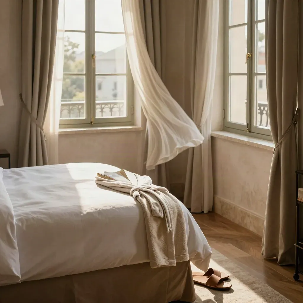 Hotel bed corner with robe, slippers, face-down paperback, and open curtain in warm light.