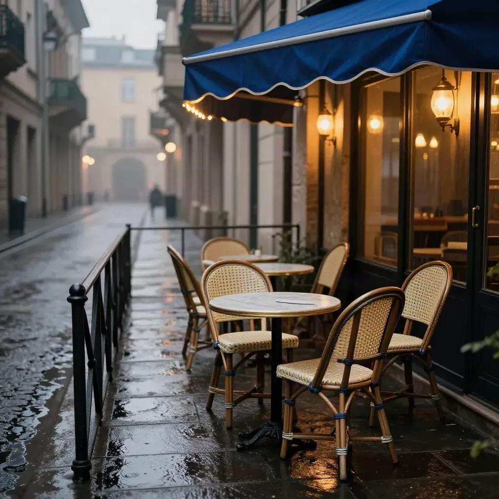 Quiet dusk café terrace with empty chairs, glowing sidewalk, and a curving lamplit street.