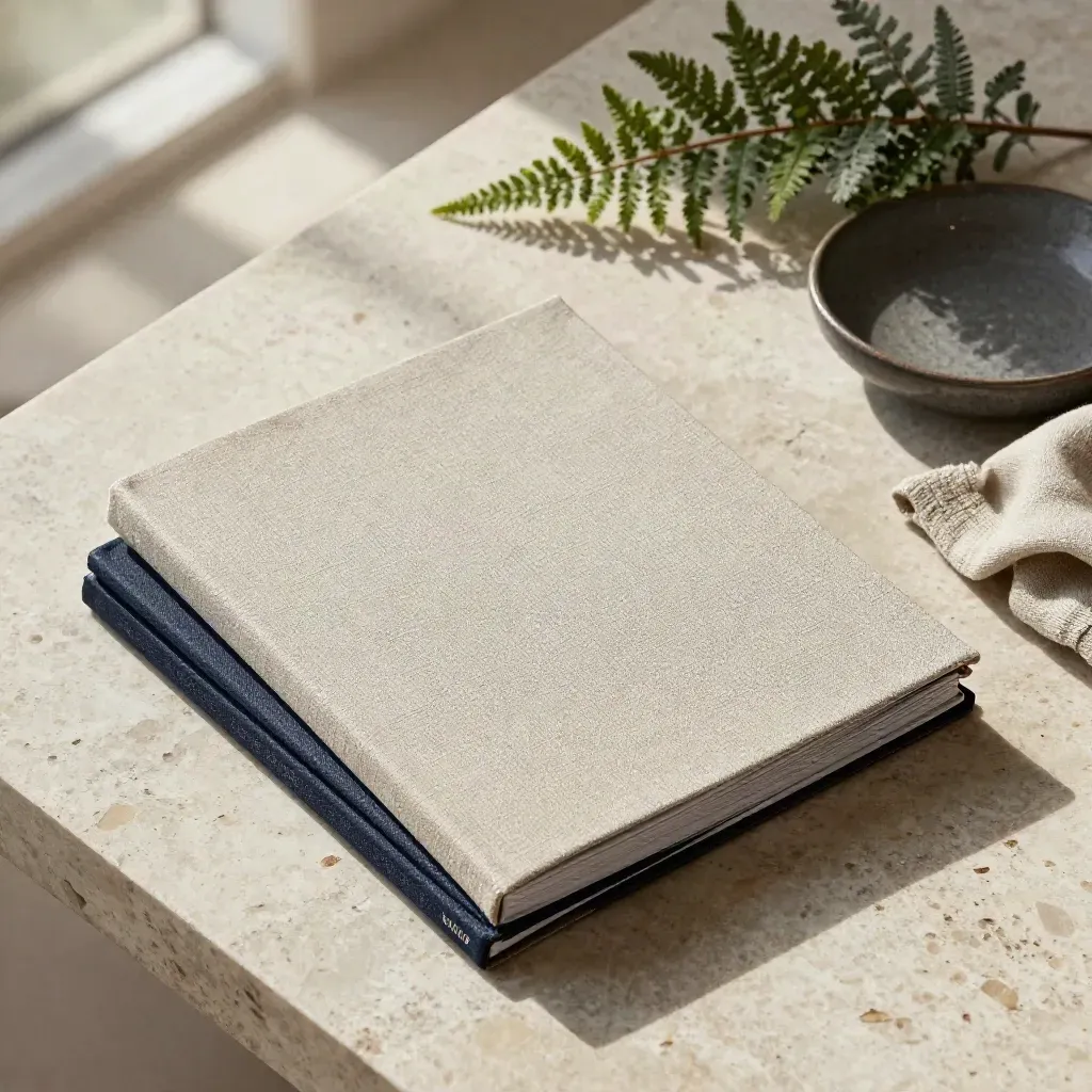 Overhead stack of linen-covered city guides with fern, cloth, and ceramic dish on travertine