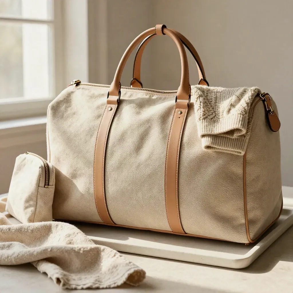 Canvas weekender bag with sweater, pouch, and linen cloth on a pale plaster tray.