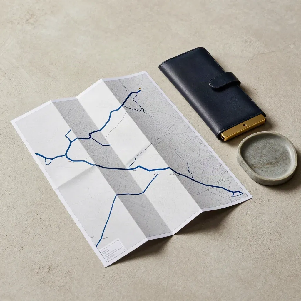 Top-down route map, brass clip, rail wallet and stone tray on pale concrete with blue route lines.