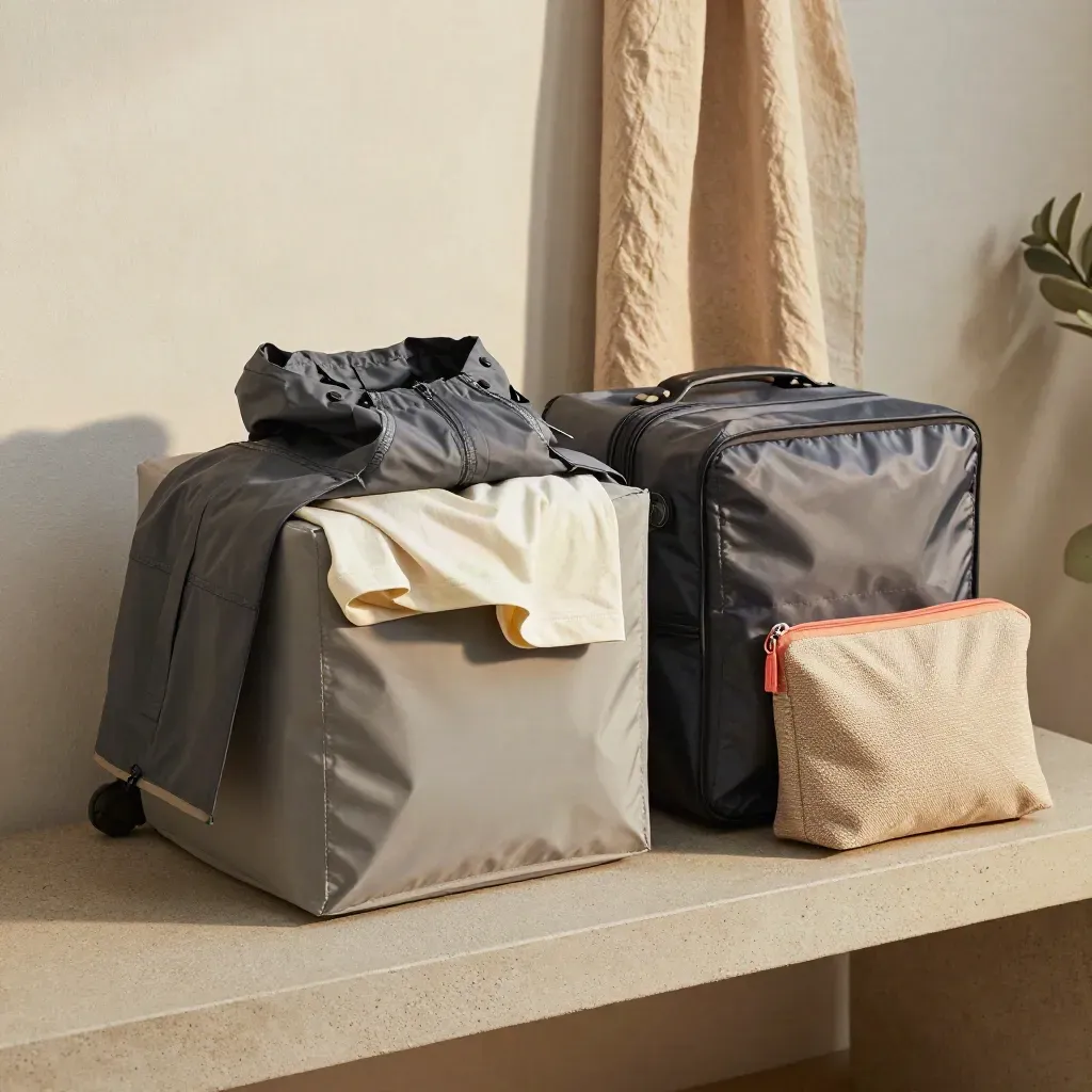 Open packing cubes with tee, rain shell, and wash pouch on a concrete bench in soft window light.