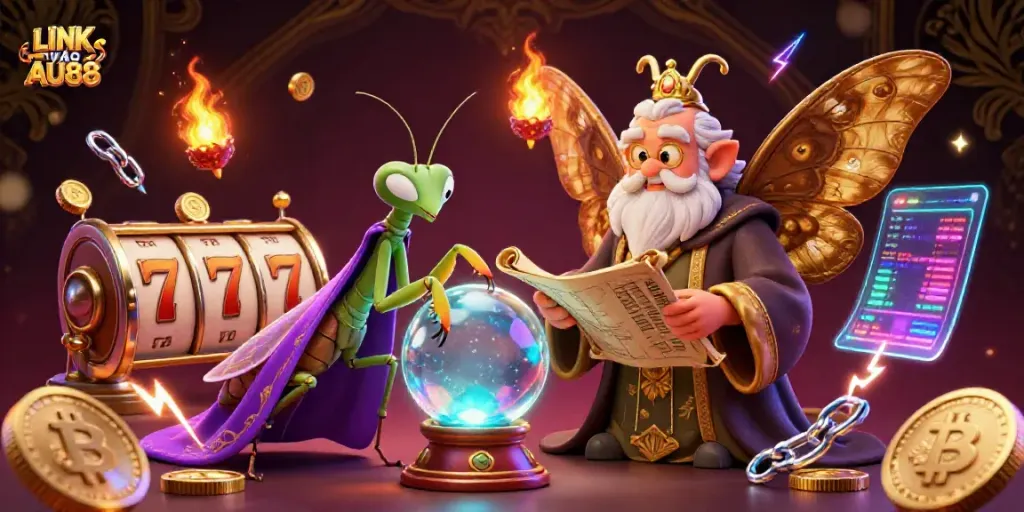 Experience the magic of LINK VÀO AU88 with vibrant characters and slot gaming elements in a mystical setting.