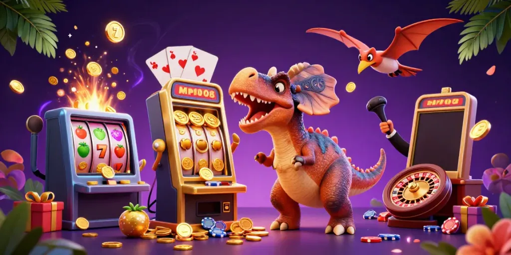 MPO08 jackpot scene with a cartoon dinosaur playing a slot machine, creating excitement with coins flying.