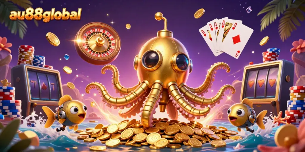 Experience thrilling gaming with au88global, featuring a golden kraken submarine amid cascading coins and poker elements.