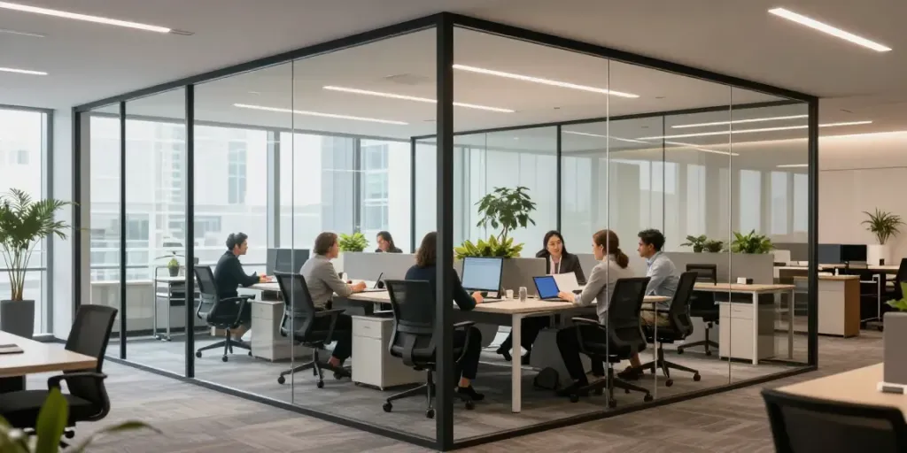 Stylish glass partitions in an office setting enhancing workspace design.