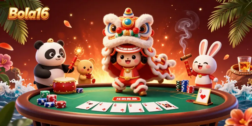 Engage in thrilling casino action with Bola16's vibrant lion dance and poker scene.