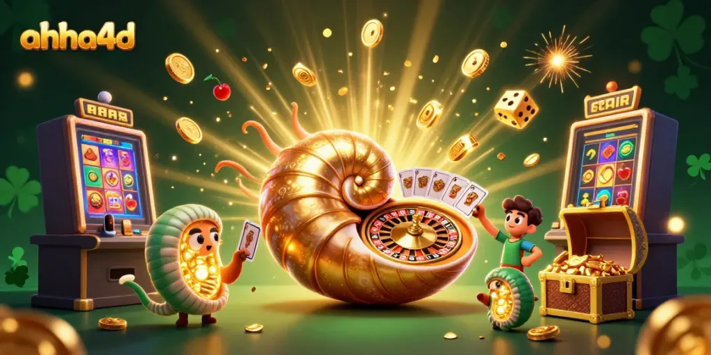 AHHA4D hadir dengan gambar slot online dan simbol-simbol keberuntungan seperti jackpot dan kartu yang menarik.