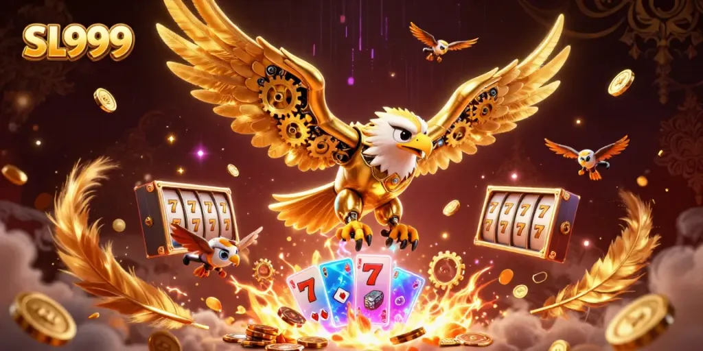 Experience thrilling gameplay with SL999's 3D golden eagle soaring among slot machines and holographic cards.