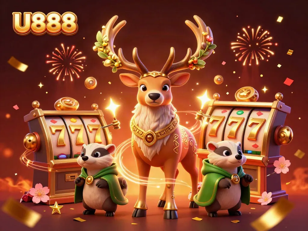 Engage with U888's vibrant gaming scene featuring a lively druid stag and gold-themed slot elements.