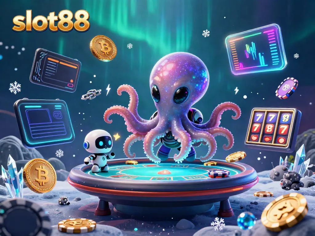 Experience the excitement of slot88 with an alien octopus and floating poker table in a dazzling casino scene.