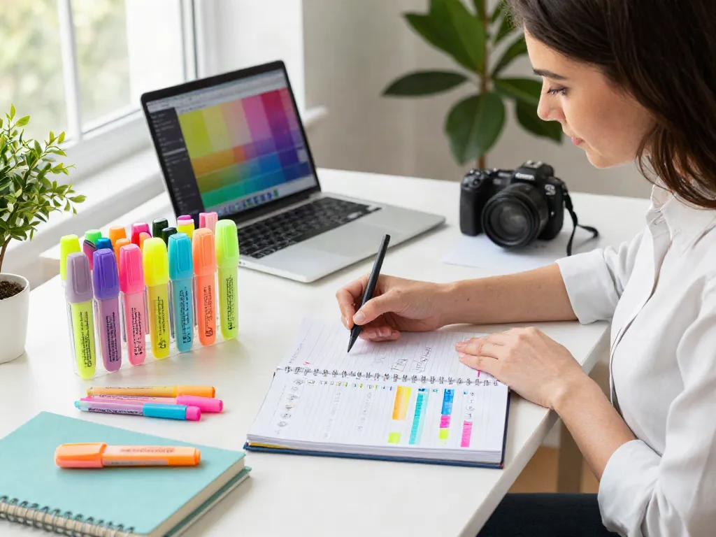 Professional workspace with assorted highlighters showcasing highlighter manufacturer products in vibrant colors.