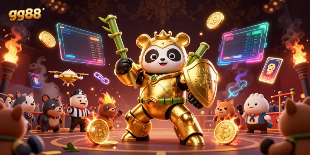 Experience the excitement of gg88 with a vibrant 3D casino scene featuring a mech-suit golden panda in action.