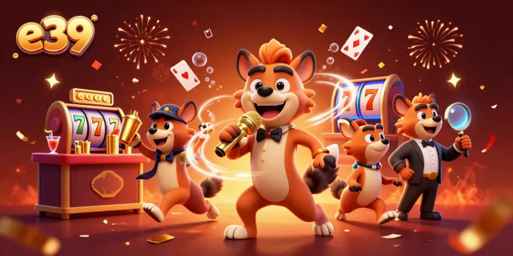 Experience e39's thrilling online casino atmosphere with lively hyena characters and vibrant gaming elements.