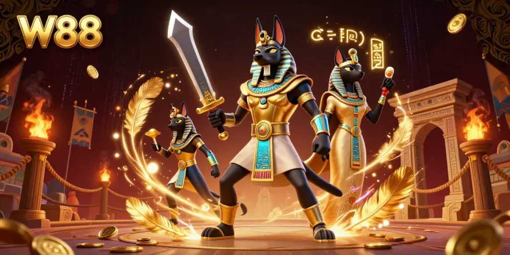 Experience thrilling gaming with W88 in a dynamic ancient Egyptian casino scene.