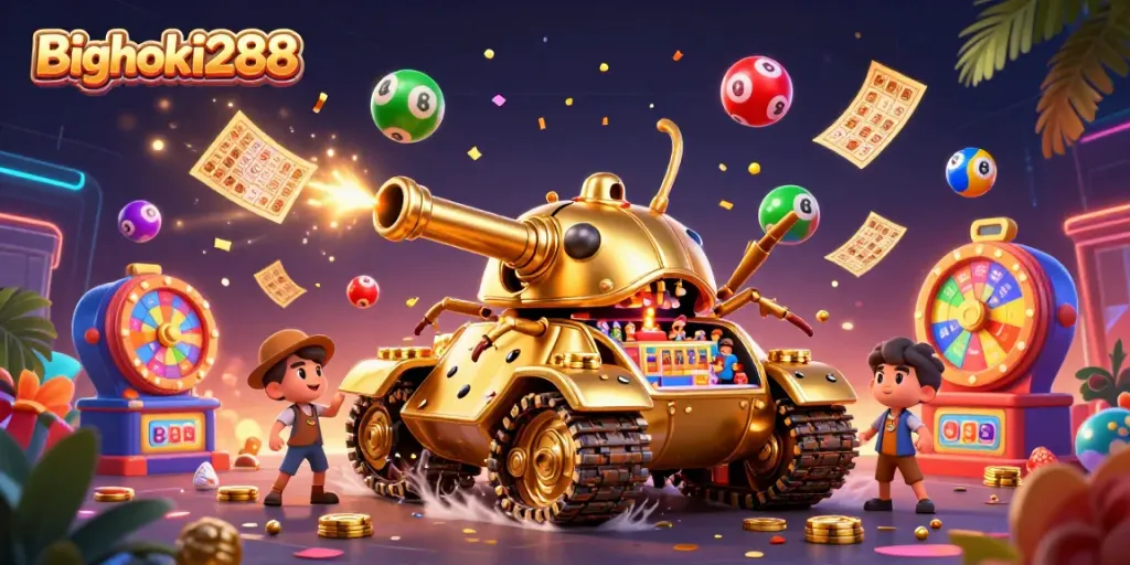 Bighoki288's vibrant casino adventure featuring a golden beetle tank and dynamic lottery elements.
