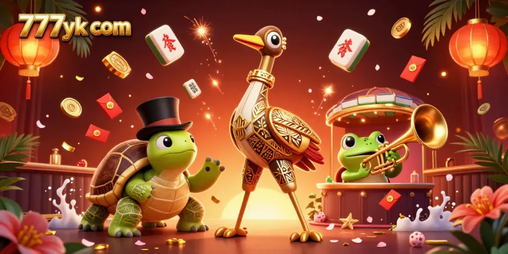 Experience thrilling gaming at 777yk com with joyous characters amidst festive casino elements.