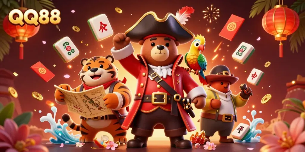 Experience thrilling gambling at QQ88 with a pirate bear, tiger, and parrot in a vibrant digital casino scene.