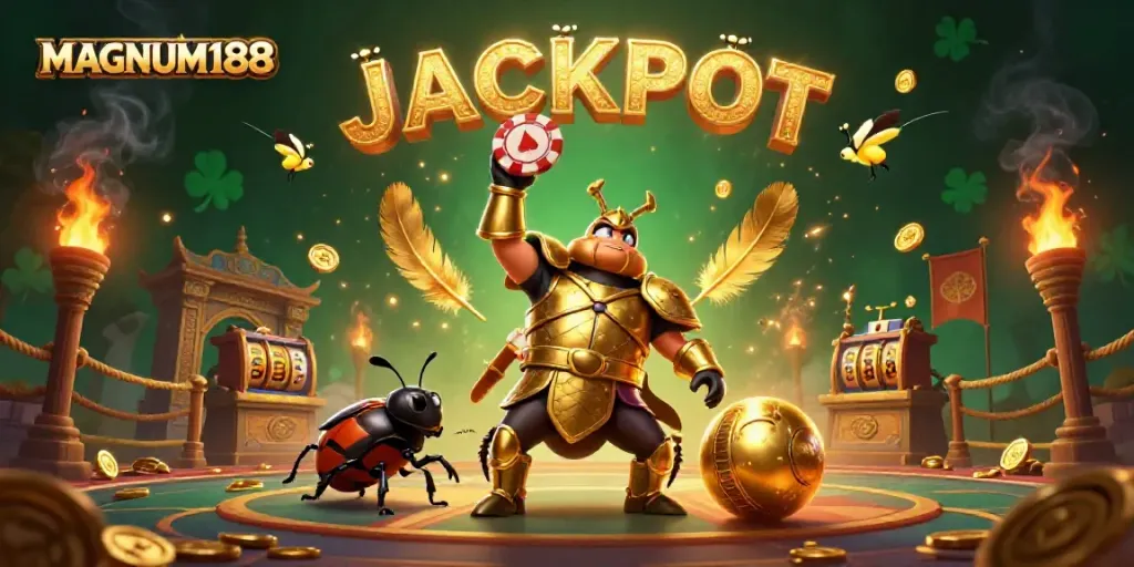 Experience winning thrills with MAGNUM188's jackpot scene featuring an armored beetle and dynamic slots.
