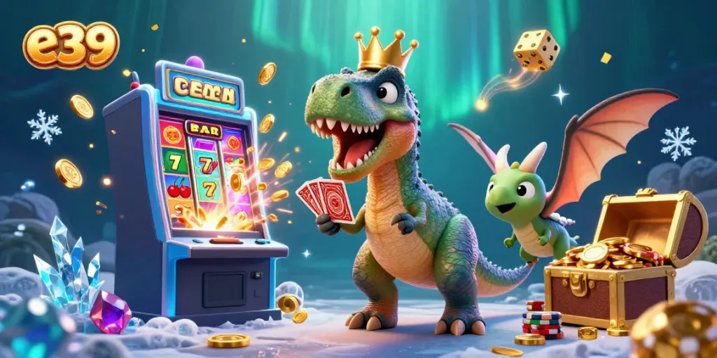 Engage with e39's thrilling slots experience featuring cartoon dinosaurs and colorful casino elements.