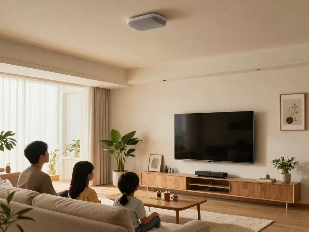 Smart ceiling speakers integrated into a family living room, enhancing the home entertainment experience.