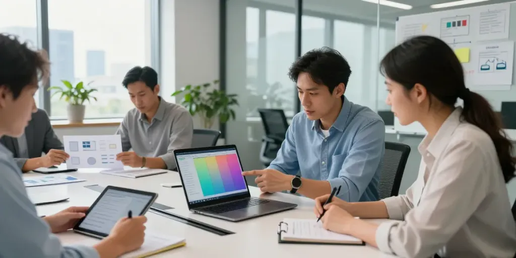 Team reviewing company accounts Ireland in a modern office setting with financial data displayed.
