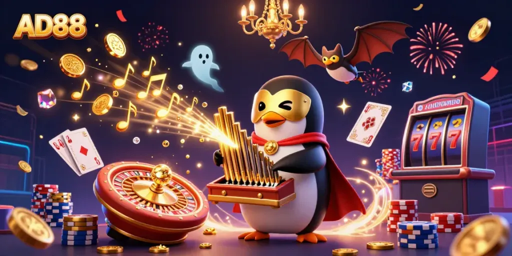 Celebrate wins at AD88 with vibrant casino-themed illustration showcasing unique characters and rich gameplay.