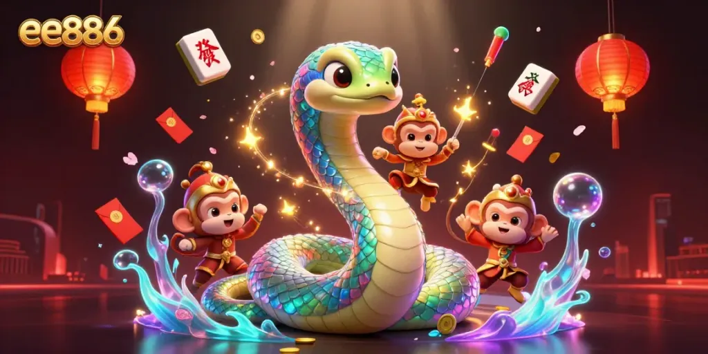 Experience the vibrant energy of ee886 with a magical casino scene featuring a colorful rainbow serpent and playful monkey king among gambling elements.