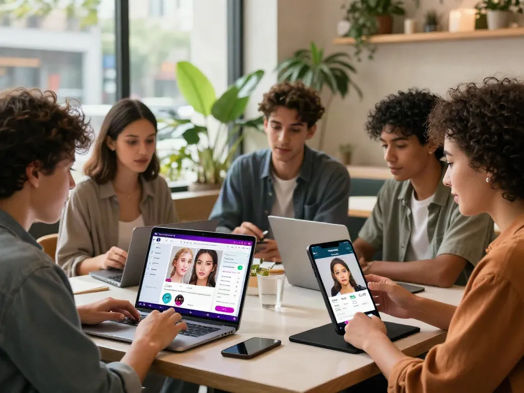 Young adults discussing Alternatives to QOVES using facial analysis apps in a stylish café.