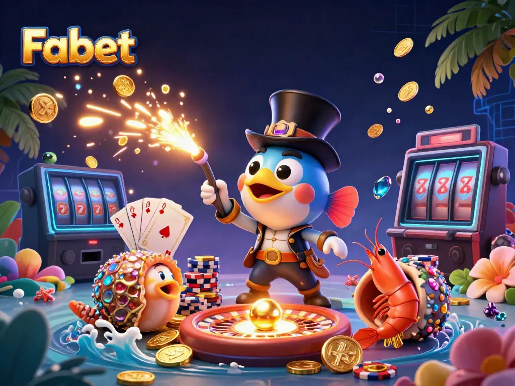 Fabet offers thrilling gaming experiences as the anglerfish lures golden coins in a colorful casino scene.