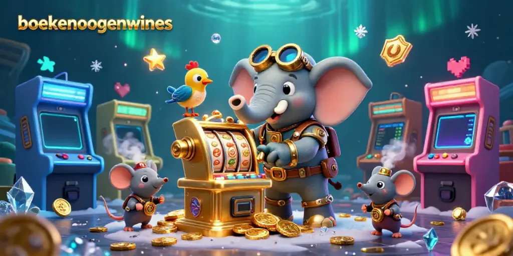 Engage with boekenoogenwines through a vibrant slot machine scene featuring a whimsical steampunk elephant engineer.