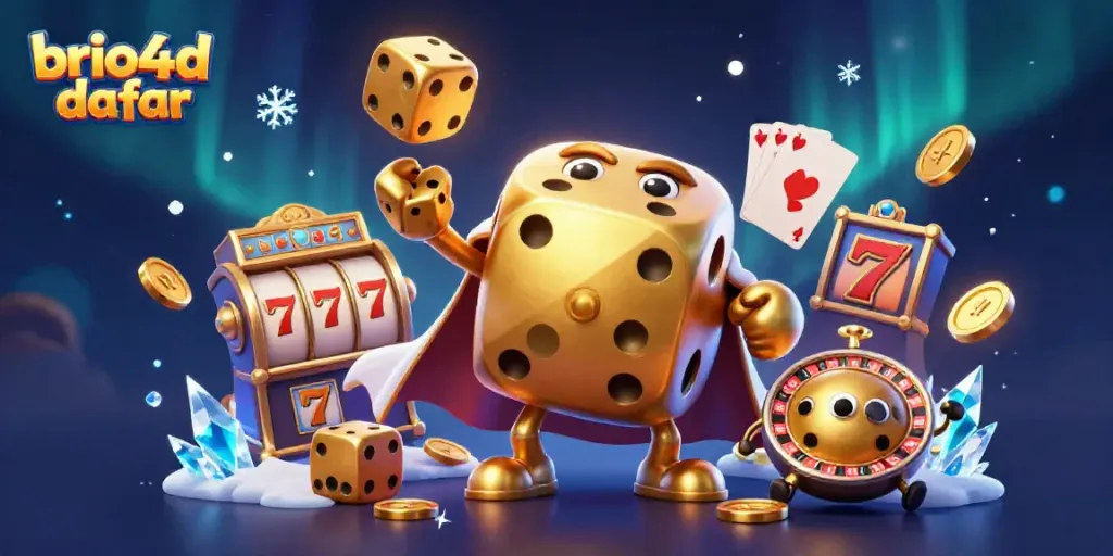 Experience excitement with brio4d daftar, where golden dice and spinning slot reels fill the scene with action.