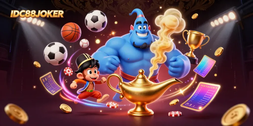 Experience thrilling gameplay and excitement with IDC88JOKER's vibrant casino illustration featuring dynamic gaming elements.