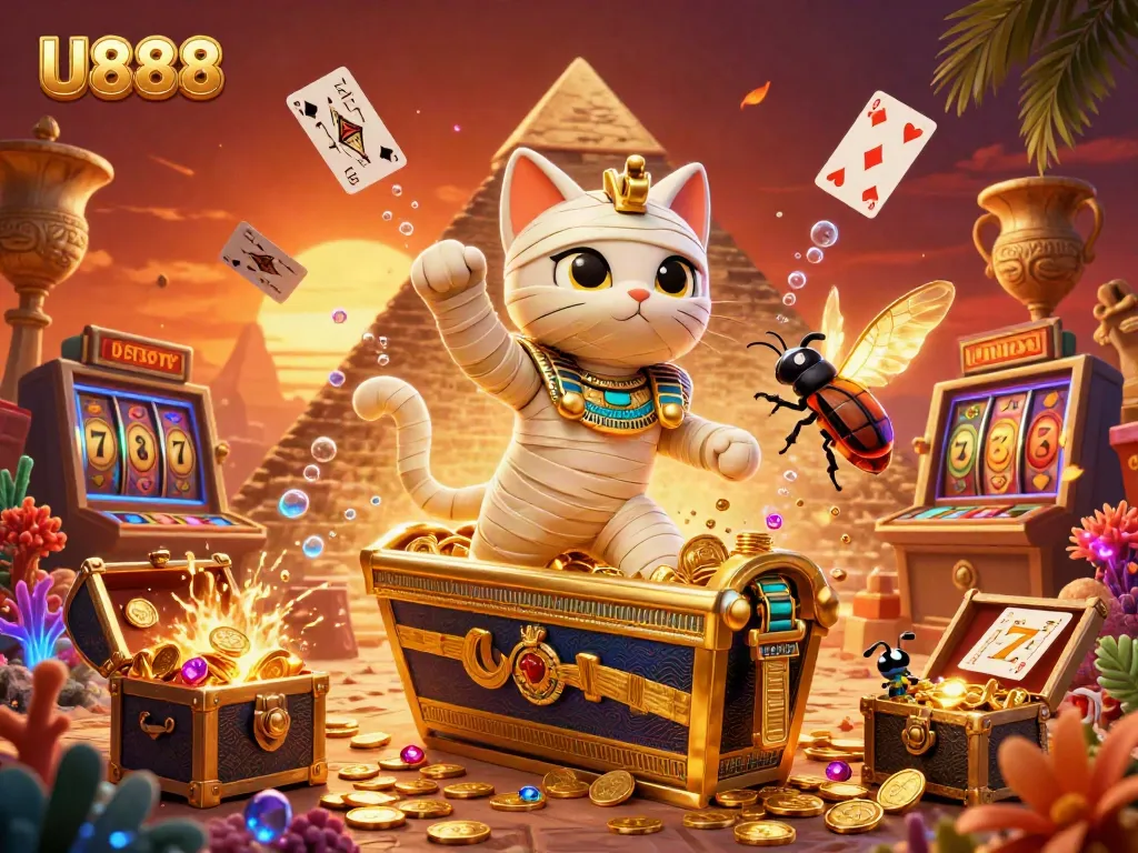 Experience the vibrant world of U888 with an Egyptian kitty and thrilling casino elements in this dynamic illustration.