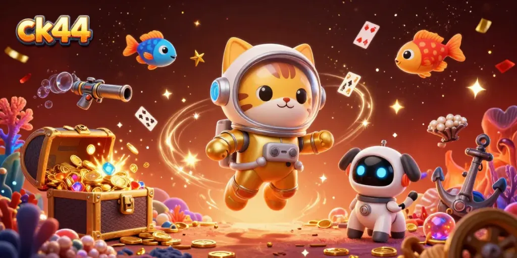 Experience the thrill of ck44 with an astronaut cat and robot dog in a vibrant casino-themed scene.