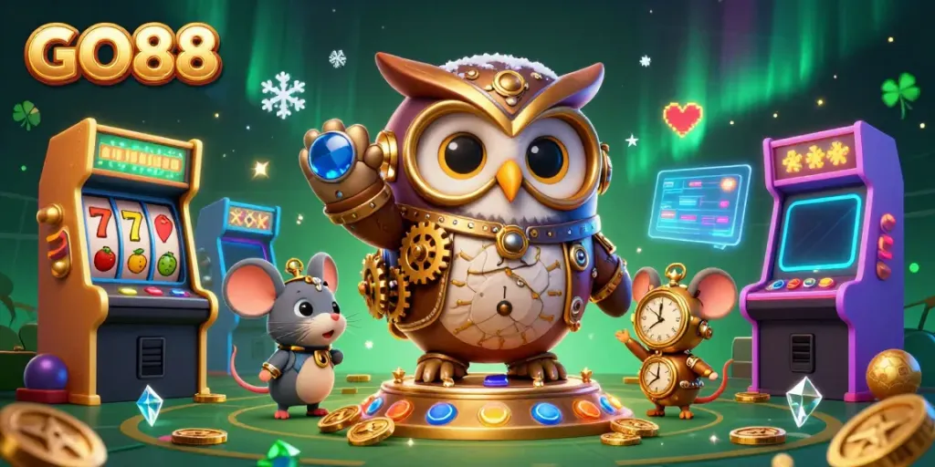 Experience GO88 with lively 3D characters surrounded by vibrant casino games and dazzling graphics.