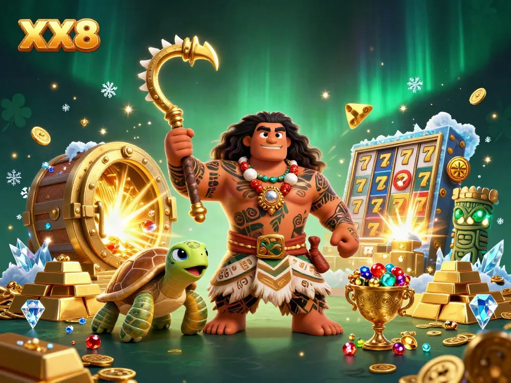 Experience the thrill of slots at XX8 with vibrant characters and dazzling treasure in a dynamic casino scene.
