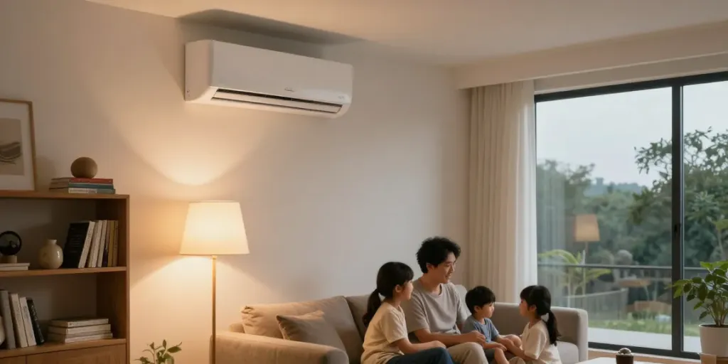 Cozy living room featuring a modern mini split ac unit with family engagement.