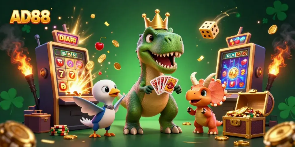 AD88 entertains with a vibrant casino scene featuring playful dinosaurs at a slot machine.