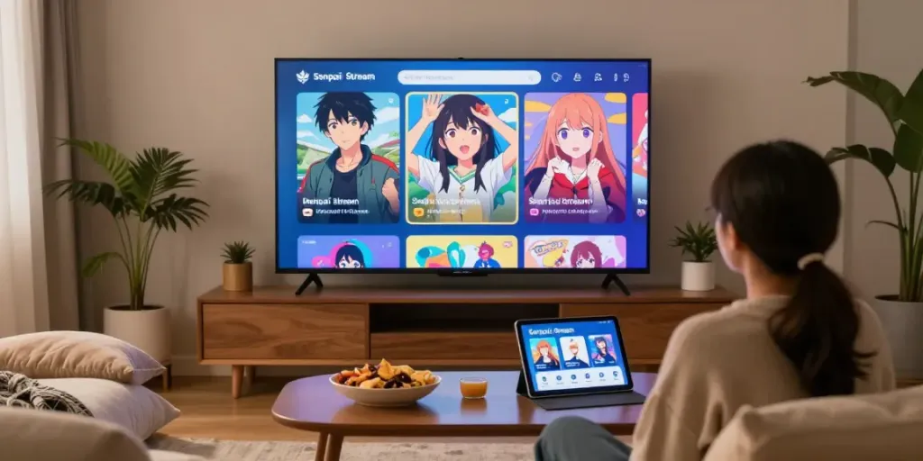 Personne regardant l'application Senpai Stream sur un Smart TV dans un salon confortable, créant une atmosphère détendue.