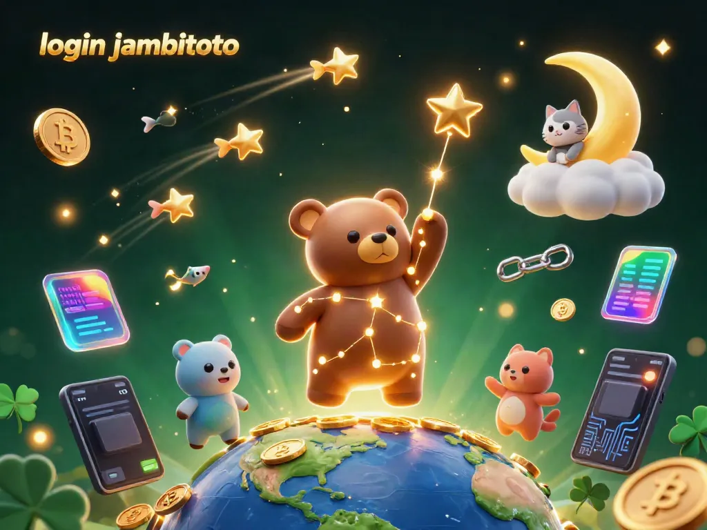 Experience login jambitoto with a 3D constellation bear and vibrant crypto elements.