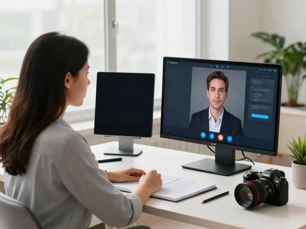 Deepfake protected Online Video Calls, Meetings and Conferencing in a modern home office with security features.