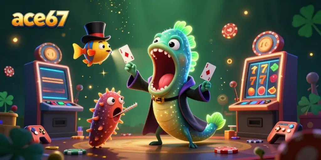 Experience thrilling casino magic with ace67 as characters perform card tricks amidst vibrant slots and gaming elements.