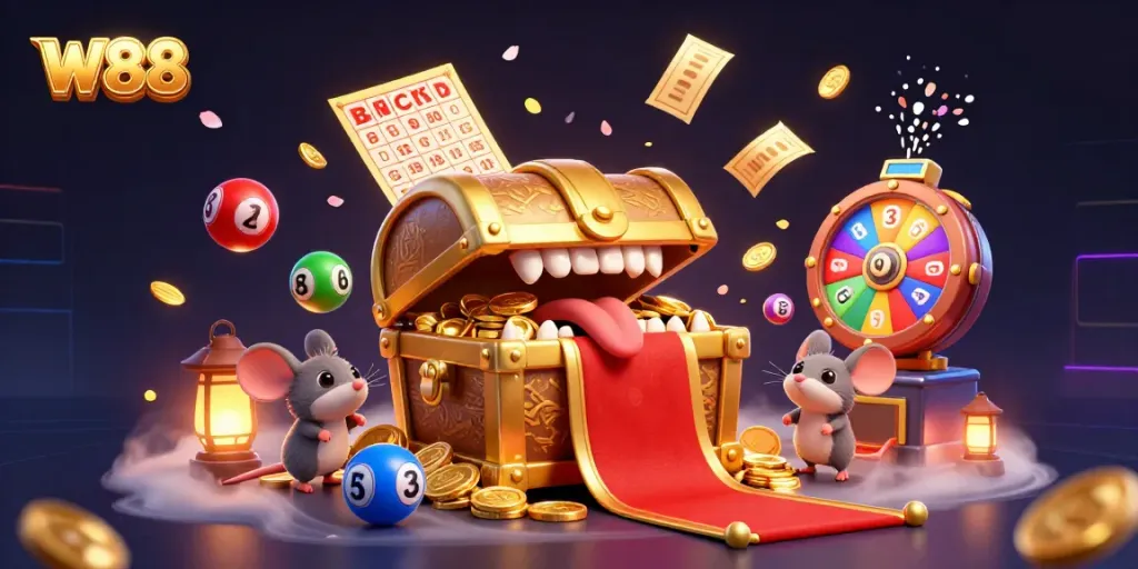 W88 casino-themed treasure chest illustration attracting adventurer mice with dynamic gaming elements.