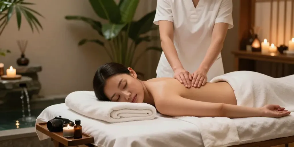 Relaxing scene showcasing a General Spa Service with a therapist performing a massage in a tranquil environment